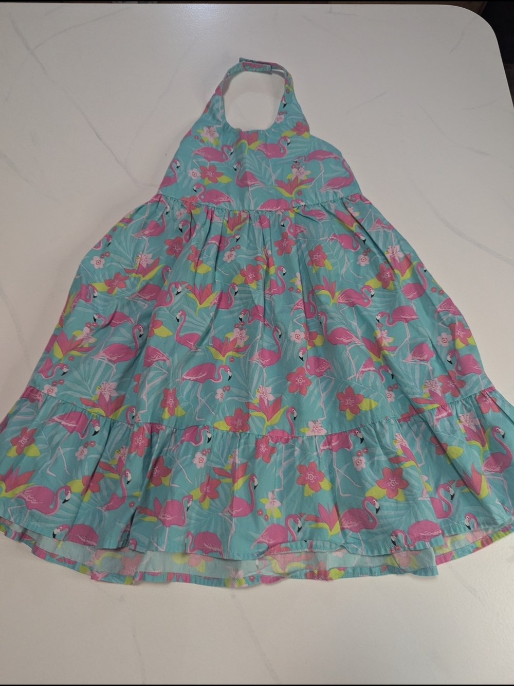 Gymboree Tropical Paradise Size 7 Green Flamingo Halter Dress Polplin‎ Summer